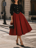 Vintage Black Red Puff-Sleeve Button-Front A-Line Dress