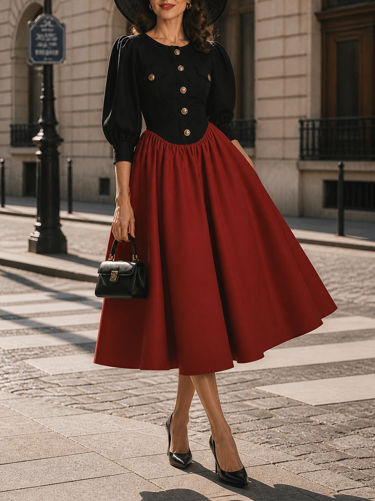 Vintage Black Red Puff-Sleeve Button-Front A-Line Dress