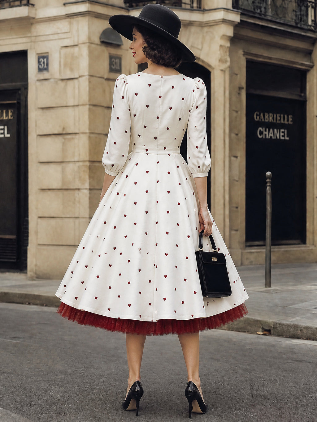 Vintage Ivory Heart-Print Scoop-Neck A-Line Midi Dress