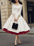 Vintage Ivory Heart-Print Scoop-Neck A-Line Midi Dress