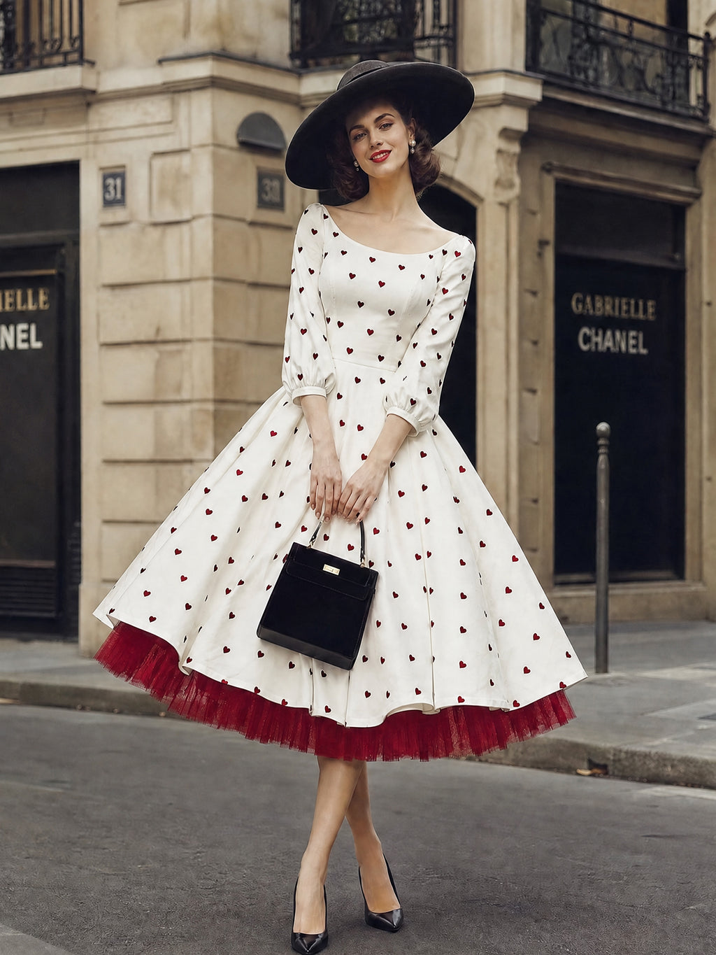 Vintage Ivory Heart-Print Scoop-Neck A-Line Midi Dress