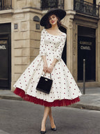 Vintage Ivory Heart-Print Scoop-Neck A-Line Midi Dress