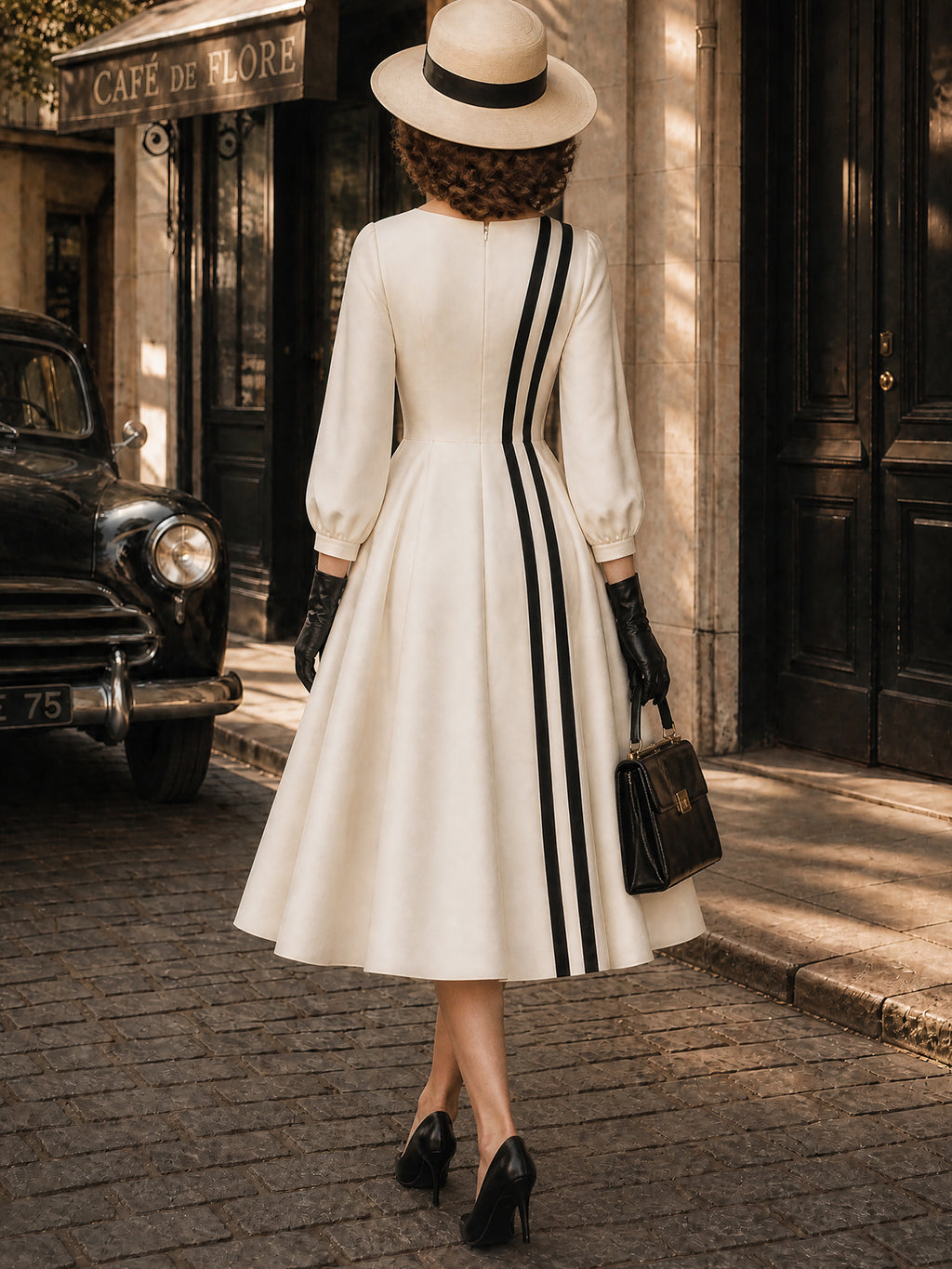 Vintage Ivory Heart Black Stripe Midi Dress