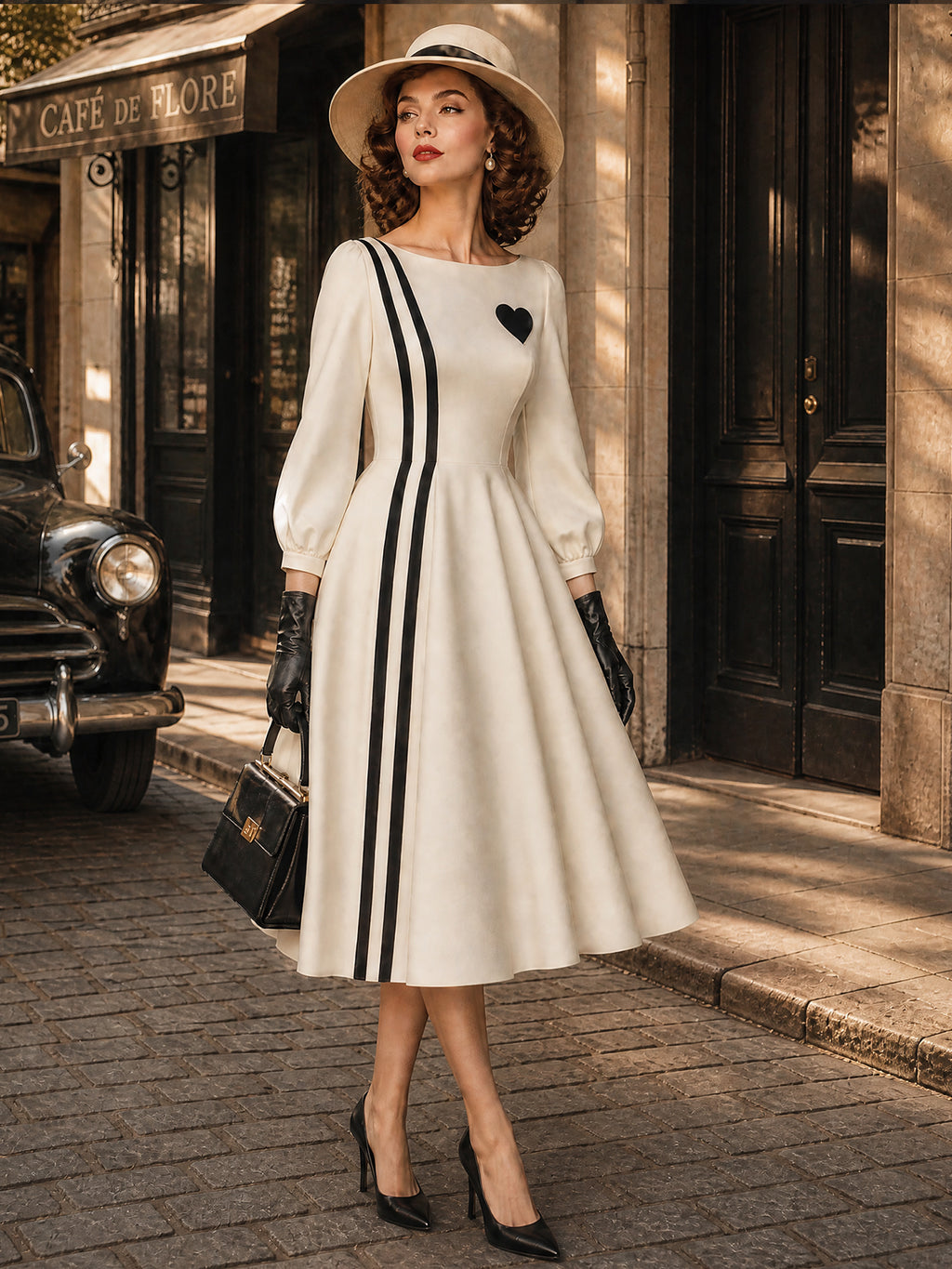 Vintage Ivory Heart Black Stripe Midi Dress