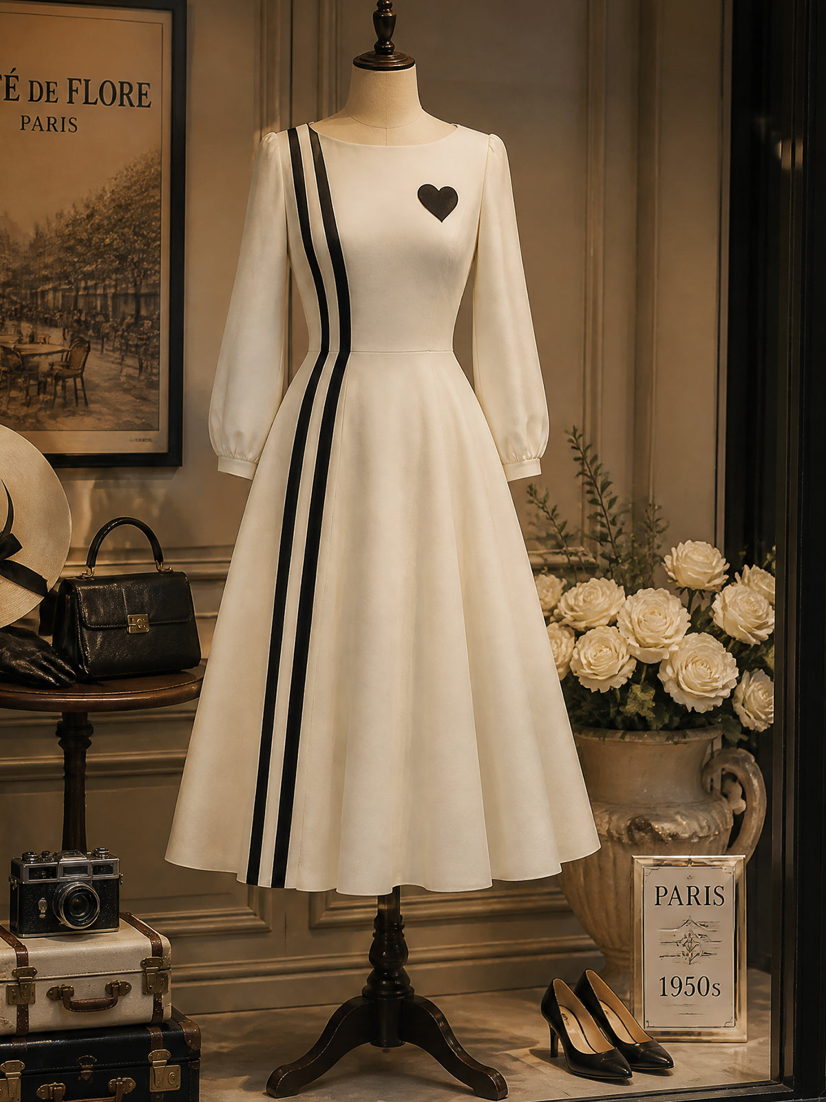 Vintage Ivory Heart Black Stripe Midi Dress
