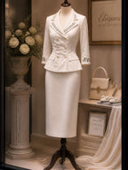 Vintage Ivory Embroidered Peplum Blazer & Pencil Skirt Set