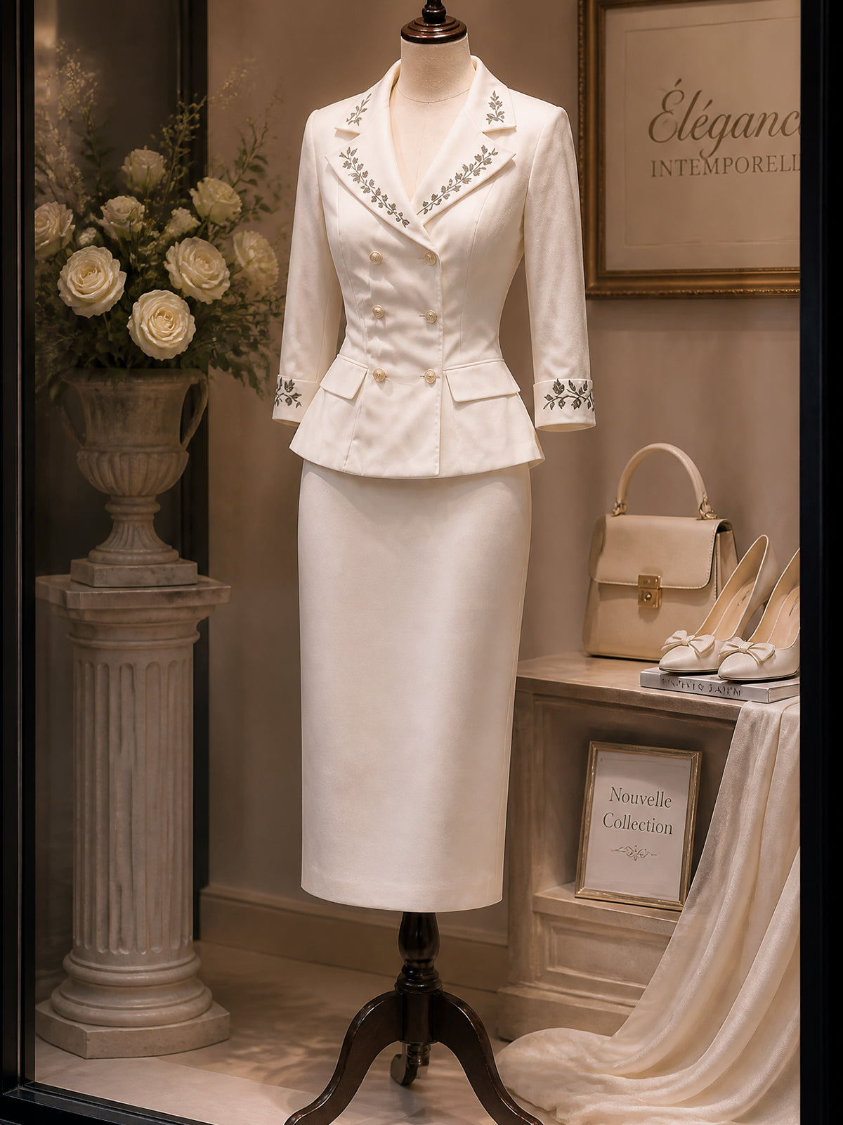 Vintage Ivory Embroidered Peplum Blazer & Pencil Skirt Set