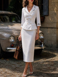 Vintage Ivory Embroidered Peplum Blazer & Pencil Skirt Set