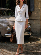 Vintage Ivory Embroidered Peplum Blazer & Pencil Skirt Set