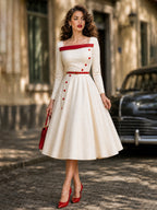Vintage Cream Red-Trim Square-Neck A-Line Midi Dress
