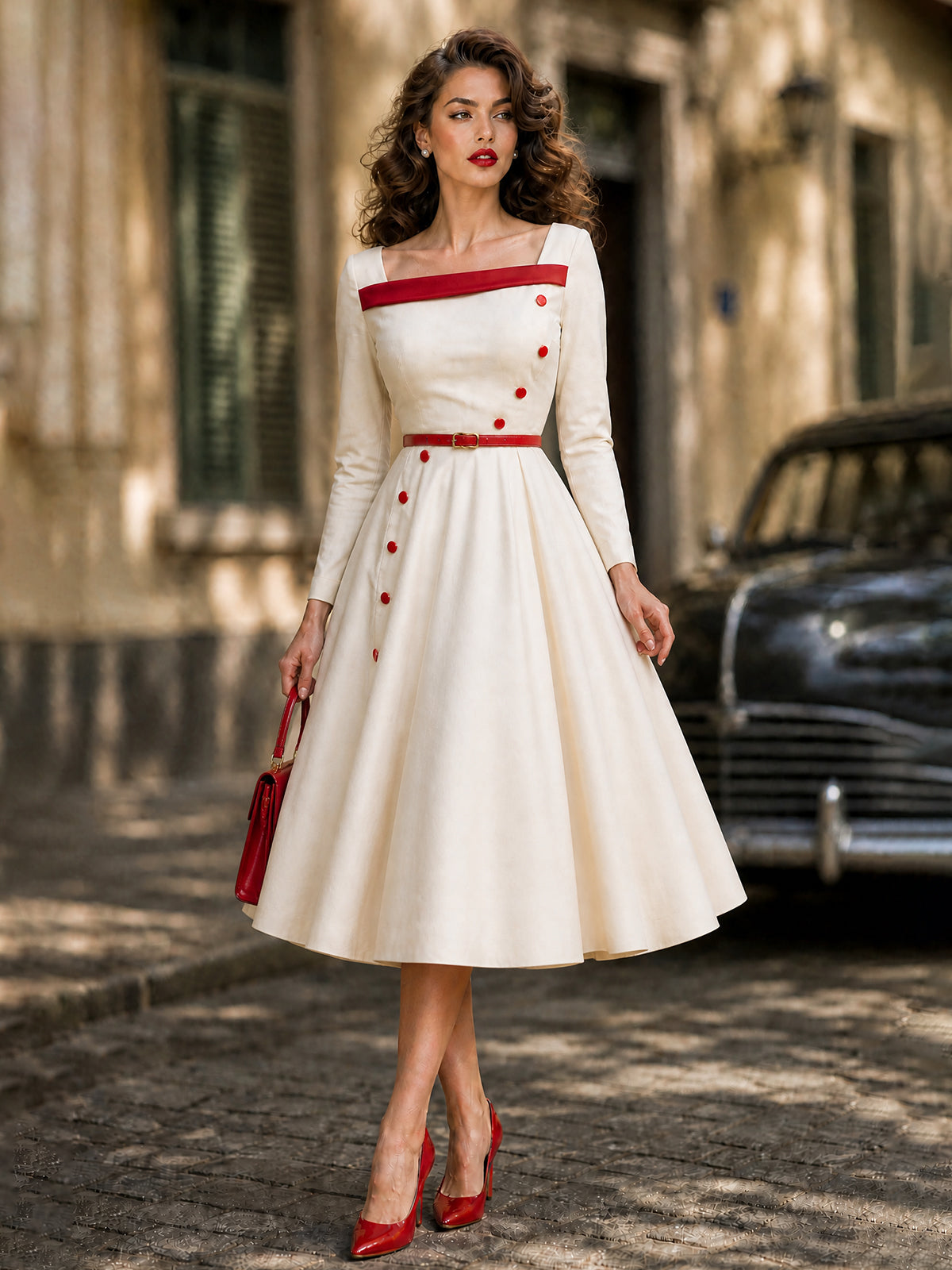 Vintage Cream Red-Trim Square-Neck A-Line Midi Dress