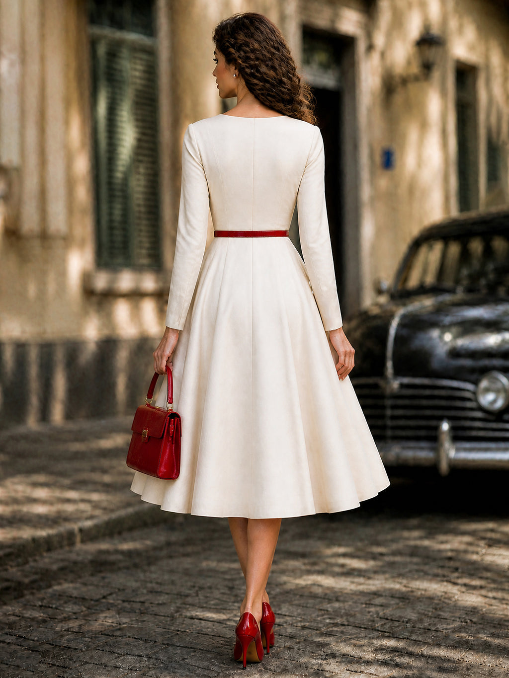 Vintage Cream Red-Trim Square-Neck A-Line Midi Dress