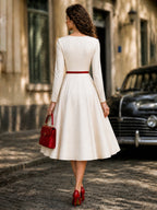 Vintage Cream Red-Trim Square-Neck A-Line Midi Dress
