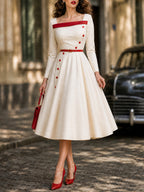 Vintage Cream Red-Trim Square-Neck A-Line Midi Dress