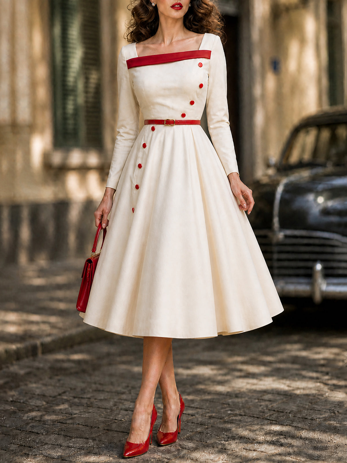 Vintage Cream Red-Trim Square-Neck A-Line Midi Dress