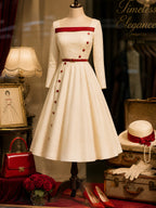 Vintage Cream Red-Trim Square-Neck A-Line Midi Dress