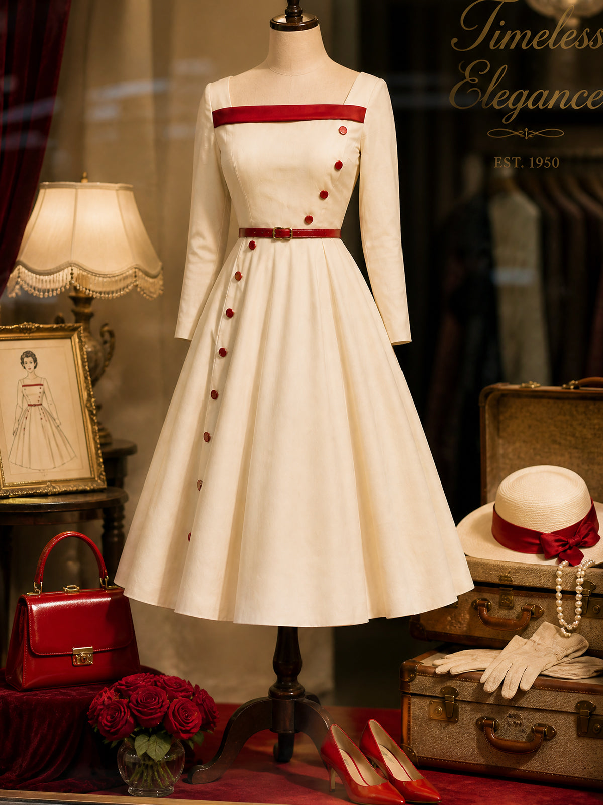 Vintage Cream Red-Trim Square-Neck A-Line Midi Dress