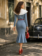 Vintage Blue Sailor-Collar Belted Knit Fishtail Dress