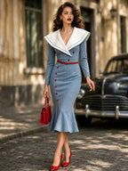 Vintage Blue Sailor-Collar Belted Knit Fishtail Dress