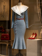 Vintage Blue Sailor-Collar Belted Knit Fishtail Dress