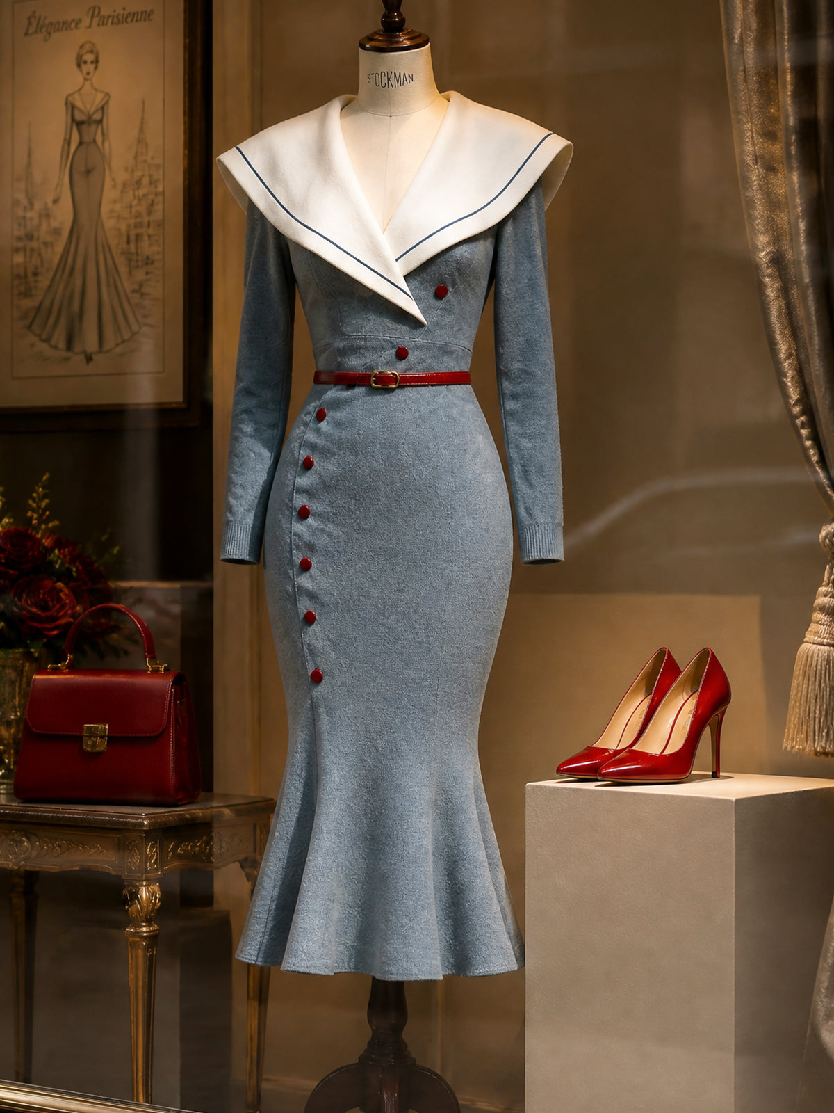 Vintage Blue Sailor-Collar Belted Knit Fishtail Dress