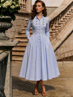 Vintage Light Blue Floral Embroidered Midi Dress