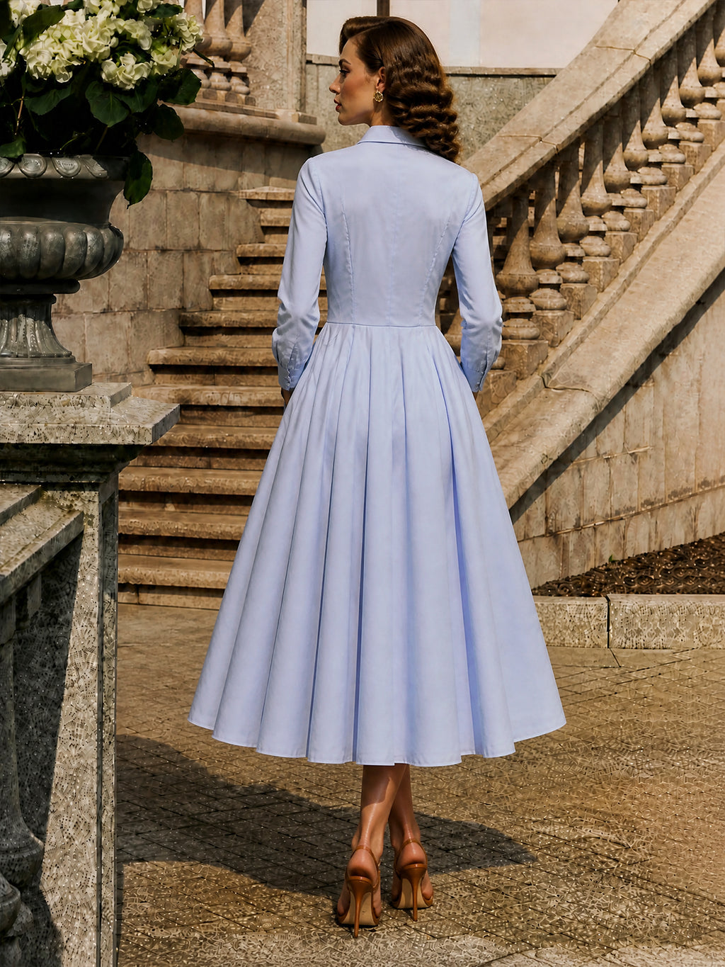 Vintage Light Blue Floral Embroidered Midi Dress
