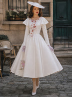 Vintage Ivory Floral Bow-Tie Long Sleeve A-Line Dress
