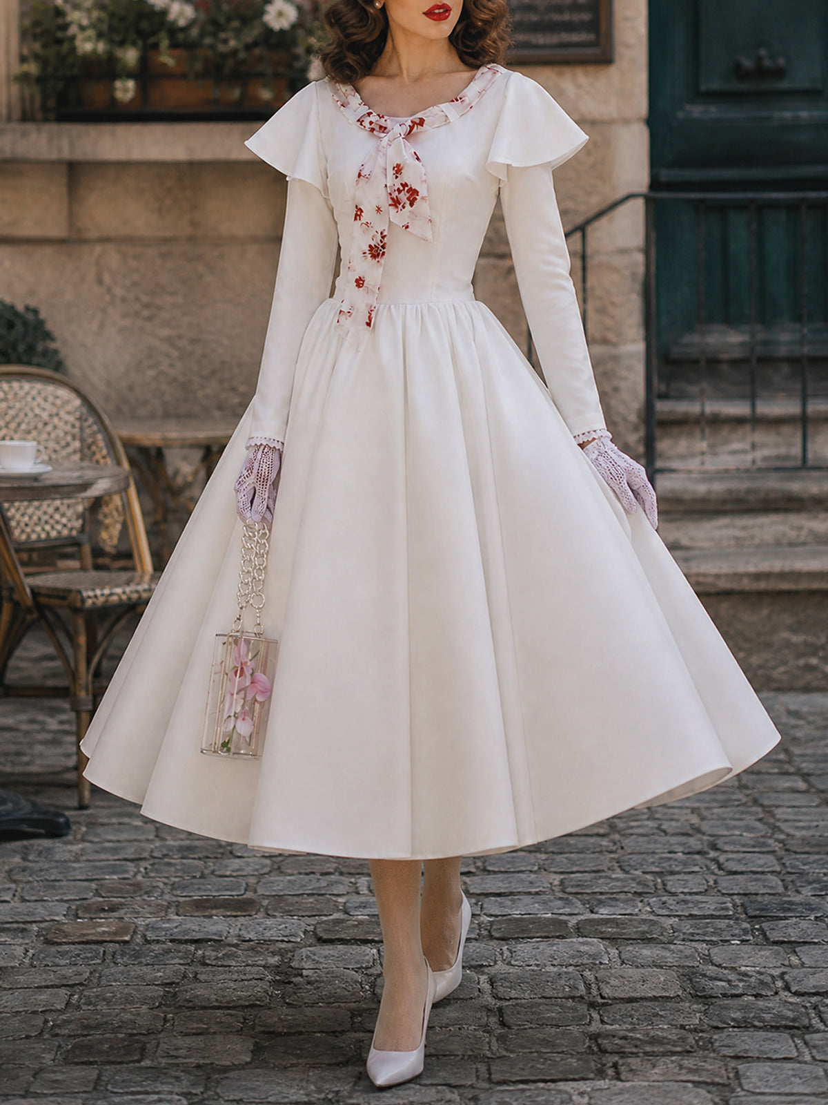 Vintage Ivory Floral Bow-Tie Long Sleeve A-Line Dress