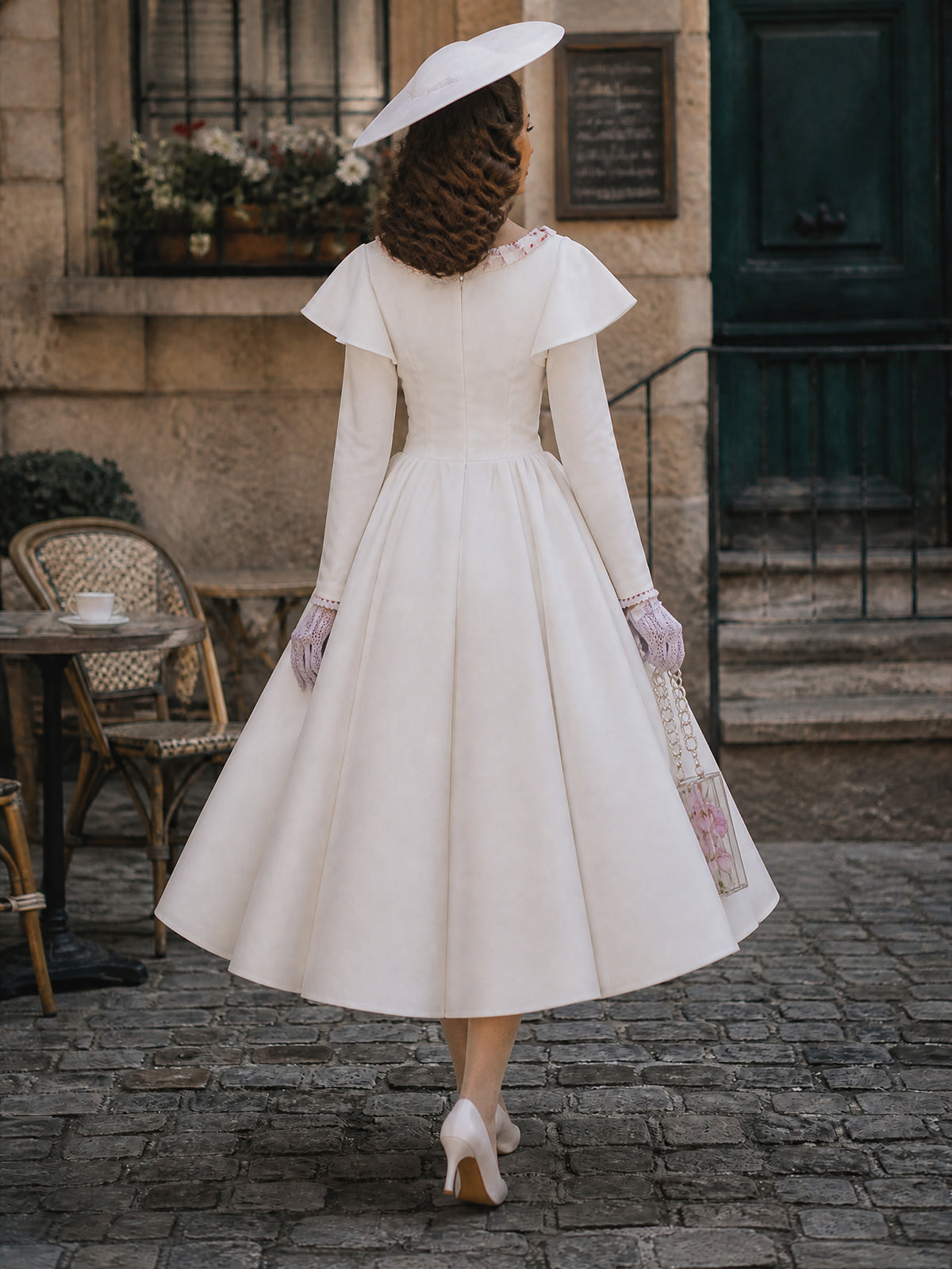Vintage Ivory Floral Bow-Tie Long Sleeve A-Line Dress