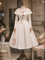 Vintage Ivory Floral Bow-Tie Long Sleeve A-Line Dress