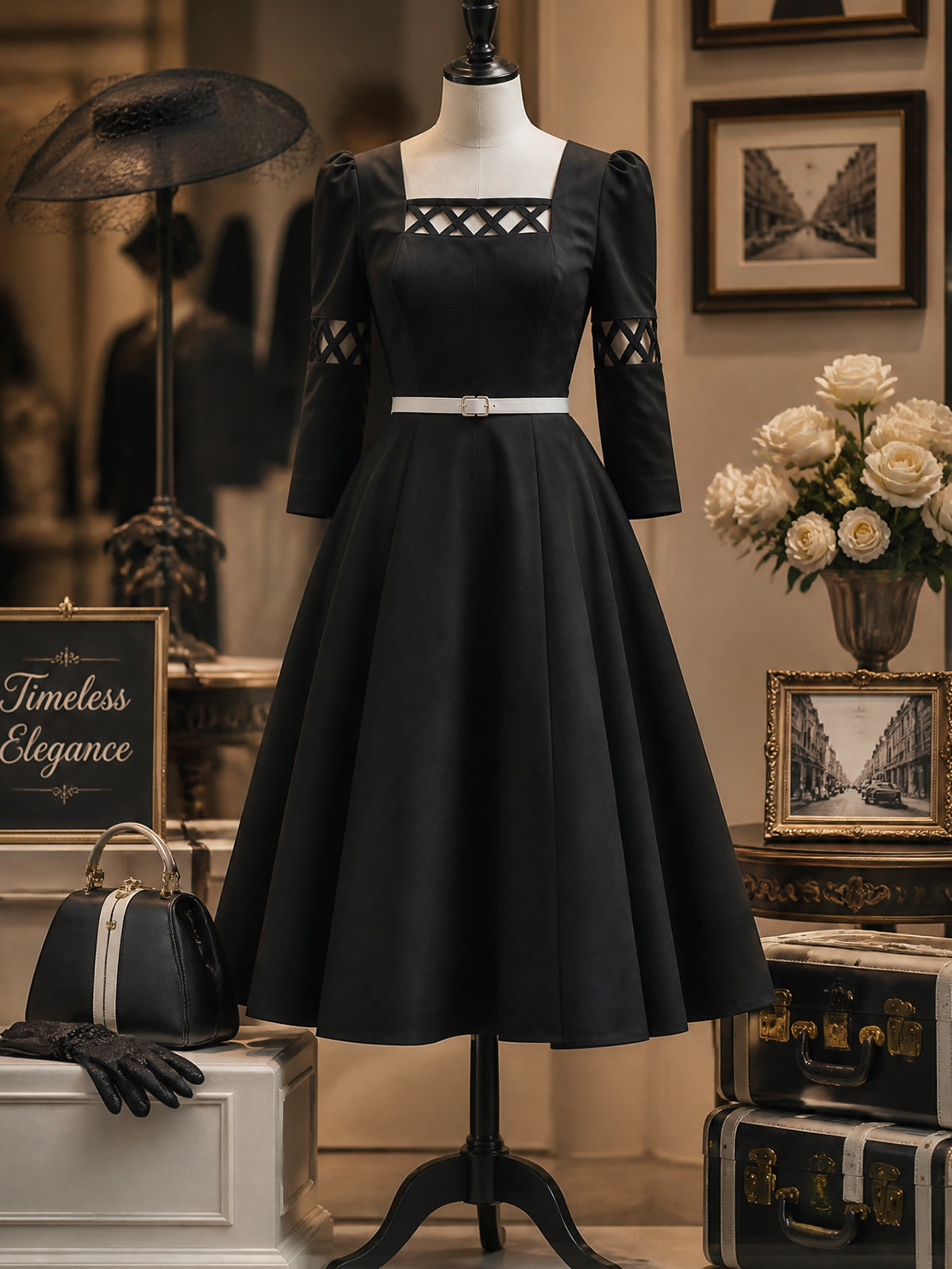 Vintage Black Lattice Cutout Belted Midi Dress
