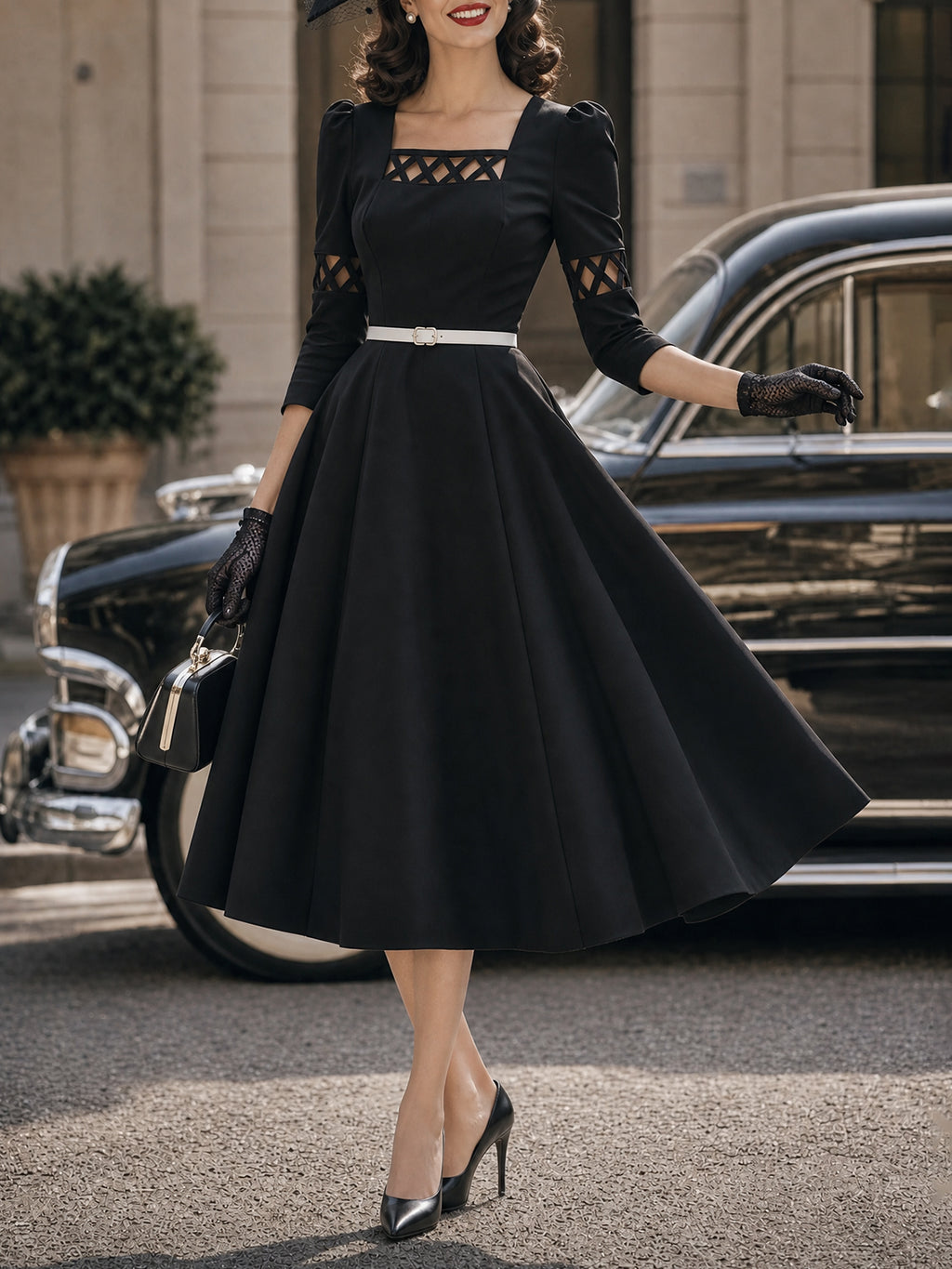 Vintage Black Lattice Cutout Belted Midi Dress
