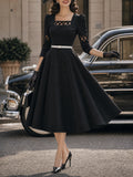 Vintage Black Lattice Cutout Belted Midi Dress