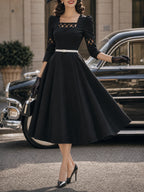 Vintage Black Lattice Cutout Belted Midi Dress