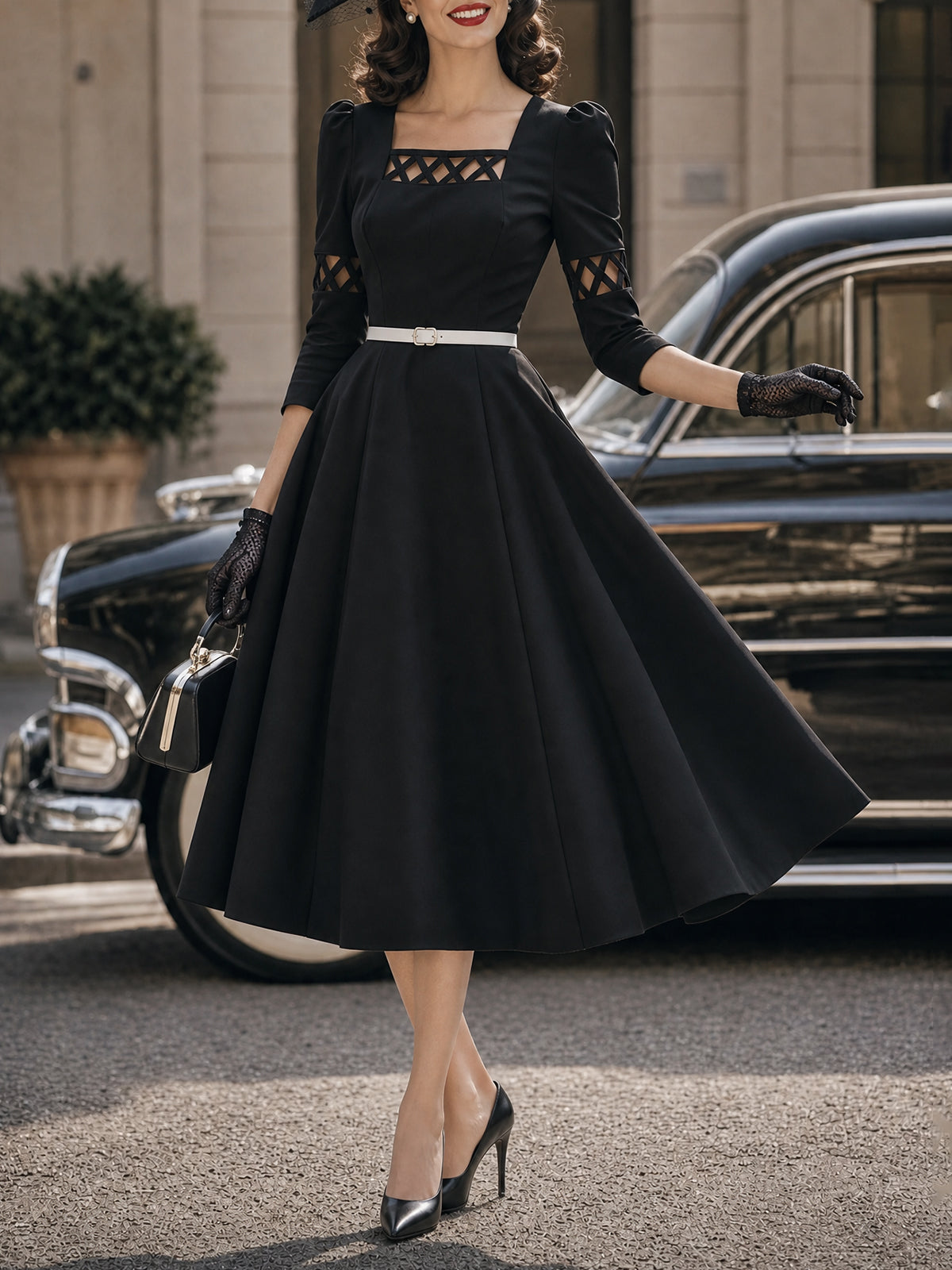 Vintage Black Lattice Cutout Belted Midi Dress