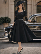 Vintage Black Lattice Cutout Belted Midi Dress