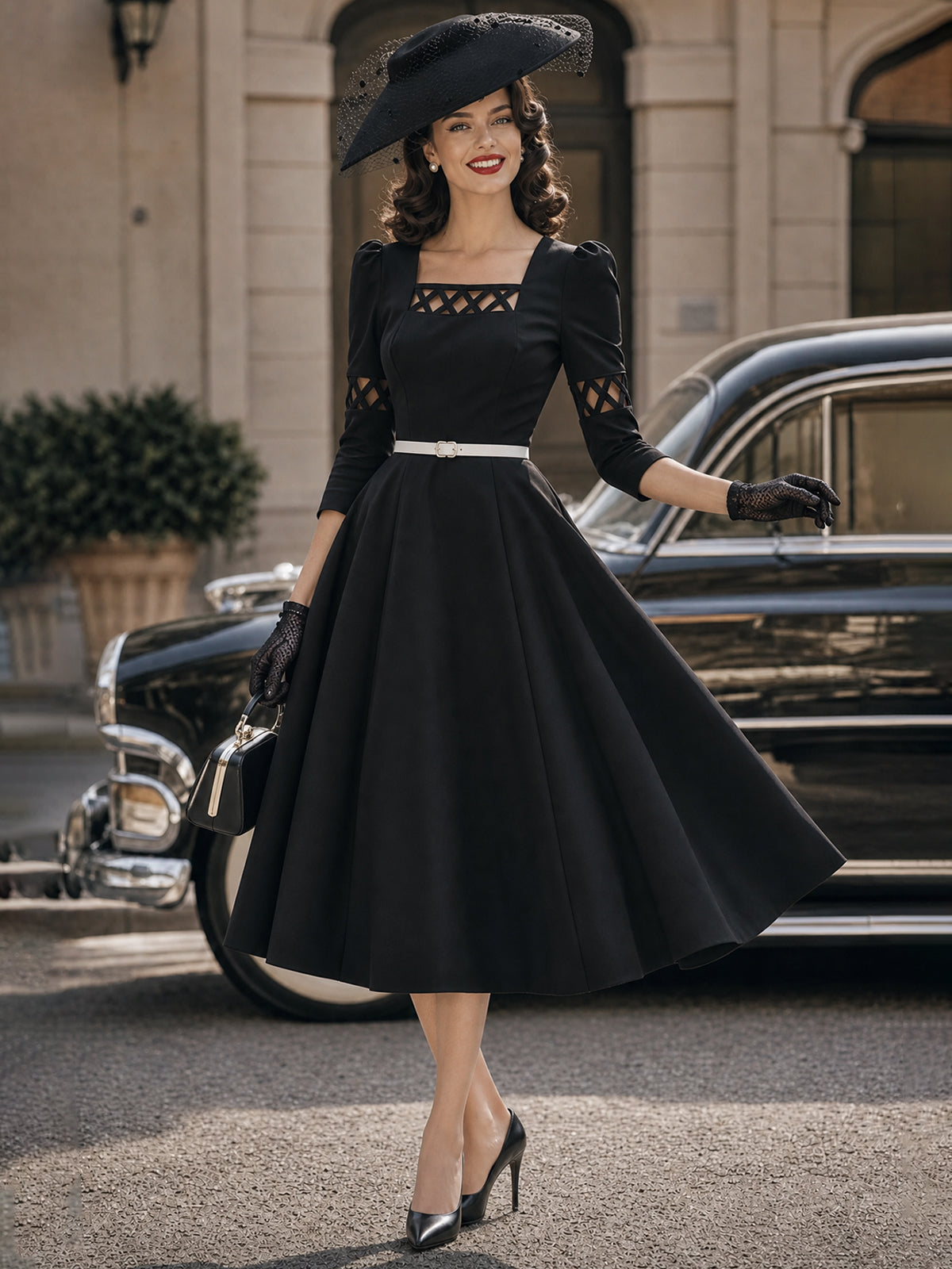 Vintage Black Lattice Cutout Belted Midi Dress