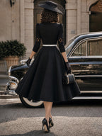 Vintage Black Lattice Cutout Belted Midi Dress