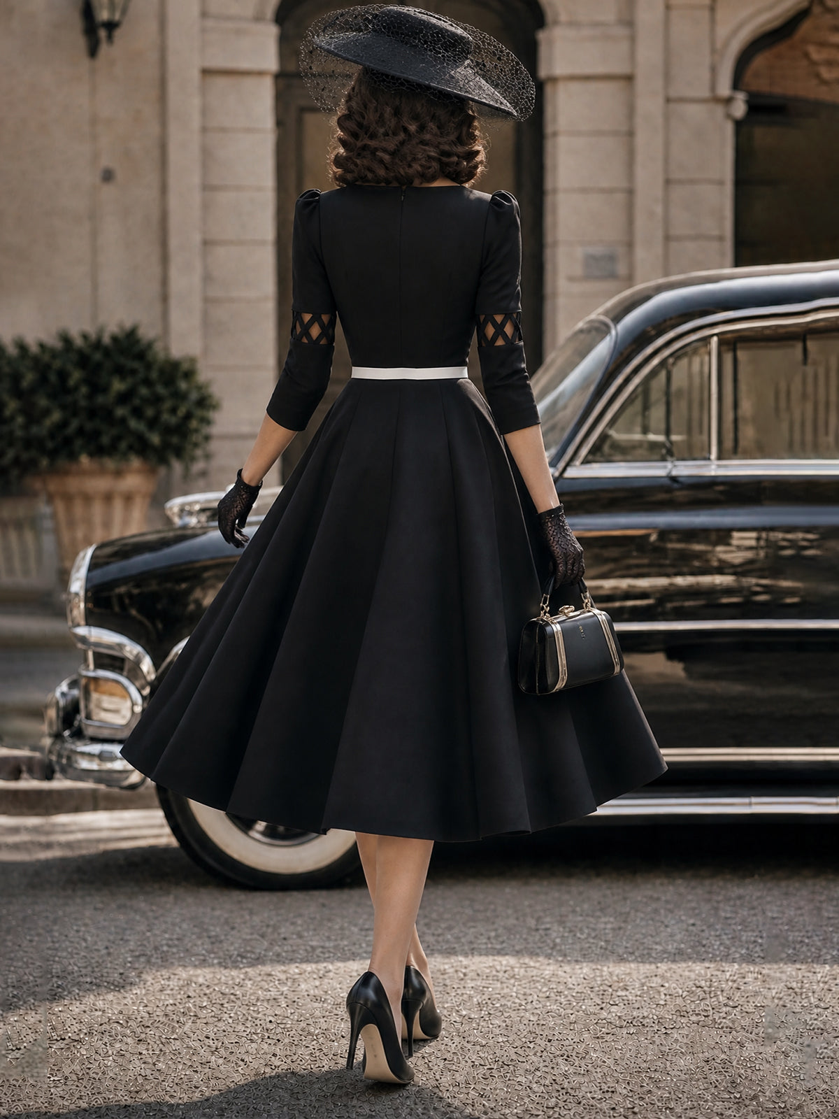 Vintage Black Lattice Cutout Belted Midi Dress