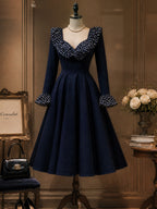Vintage Navy Polka Dot Ruffle V-Neck Mdidi Dress