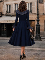 Vintage Navy Polka Dot Ruffle V-Neck Mdidi Dress