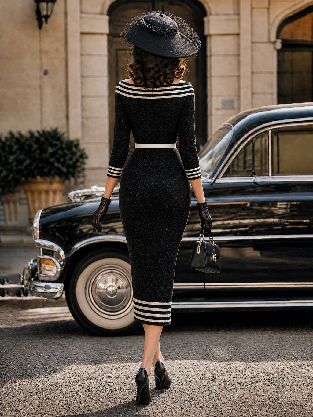 Vintage Black Striped-Trim Bodycon Knit Dress