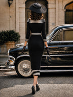 Vintage Black Striped-Trim Bodycon Knit Dress