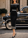 Vintage Black Striped-Trim Bodycon Knit Dress