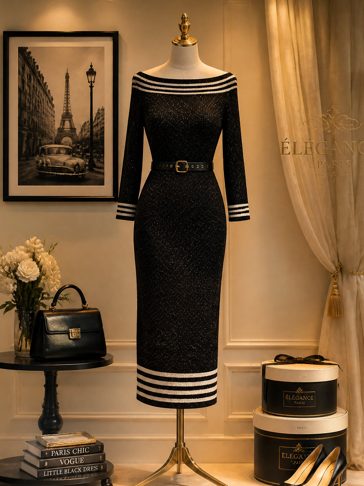 Vintage Black Striped-Trim Bodycon Knit Dress