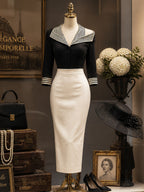 Vintage Black Striped Collar Bodice Ivory Bodycon Dress