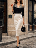 Vintage Black Striped Collar Bodice Ivory Bodycon Dress