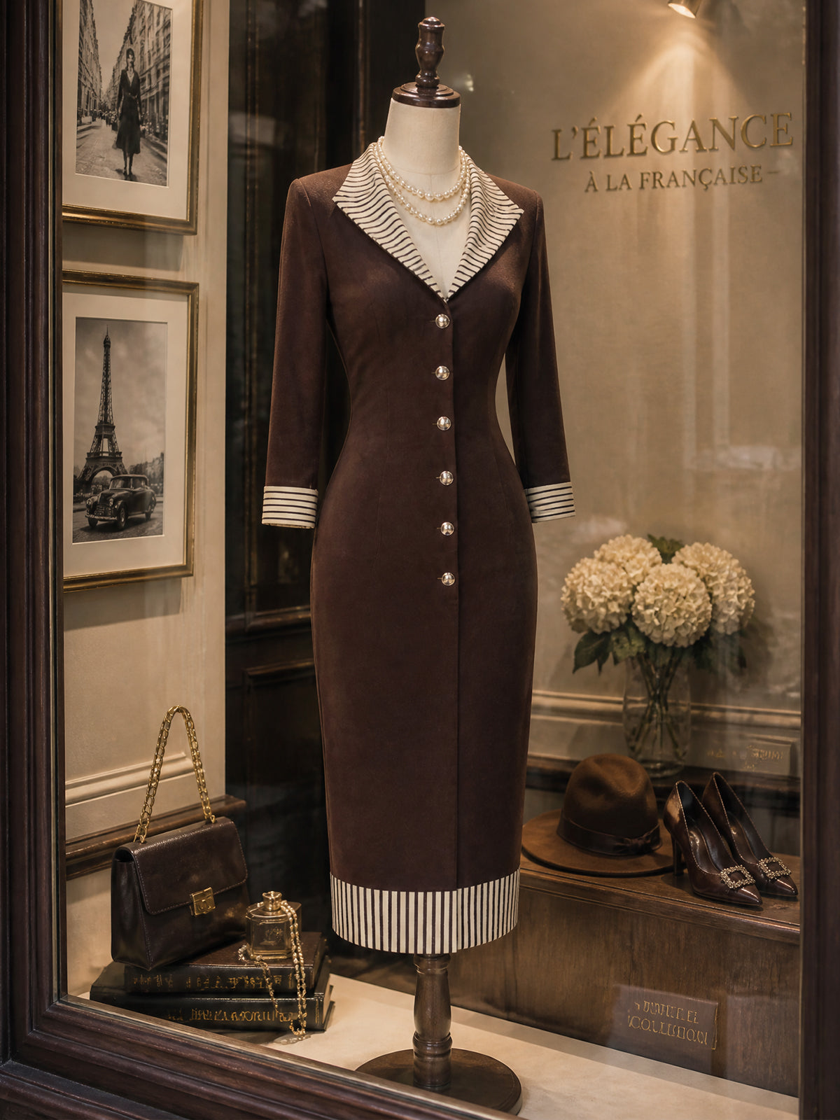 Vintage Brown Striped Trim Bodycon Midi Dres