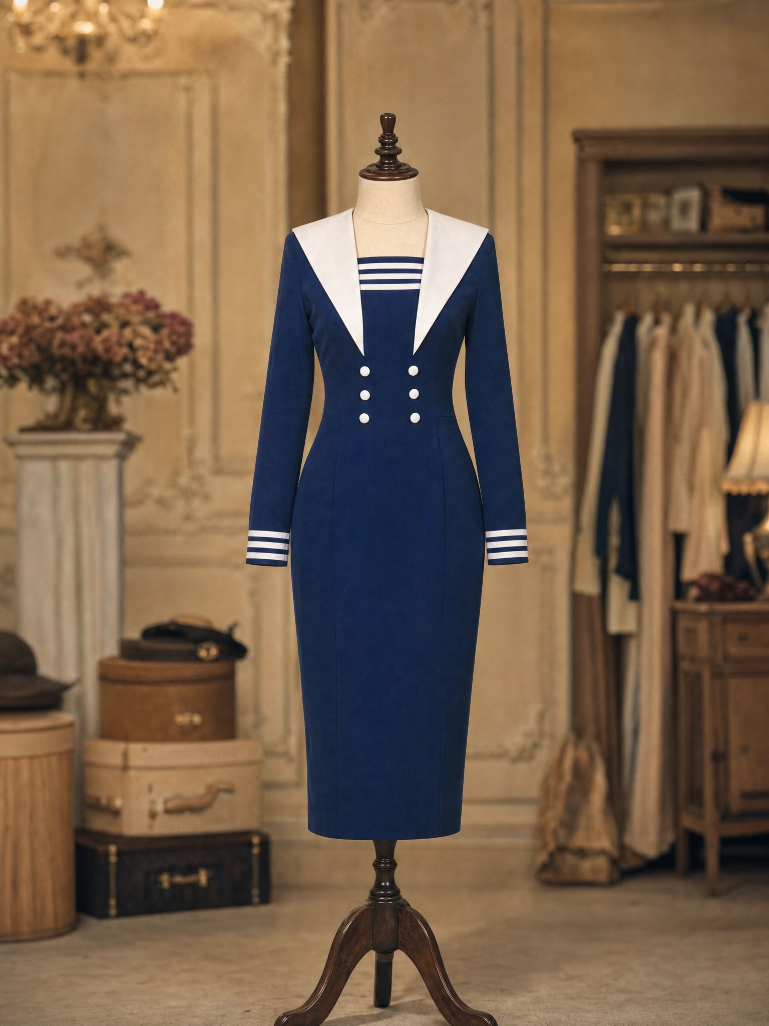 Vintage French Sailor Collar Double‑Breasted Fitted Pencil Office Midi Dress